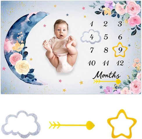 Flower Moon Baby Monthly Milestone Blanket Watercolor Flower Star Print Newborn Growth Record Photo Shoot Background Prop Blanket, 60"x40" with Frame in Kuwait
