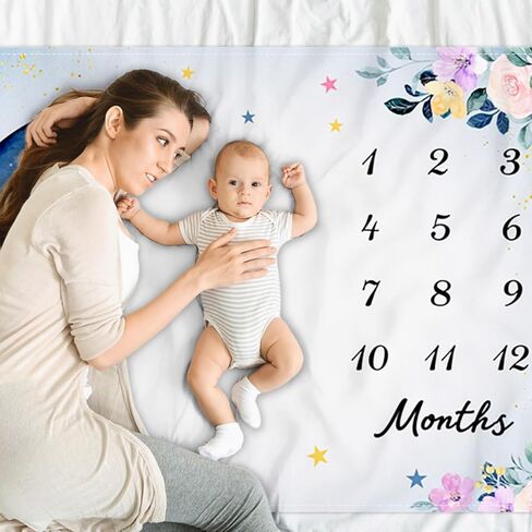 Flower Moon Baby Monthly Milestone Blanket Watercolor Flower Star Print Newborn Growth Record Photo Shoot Background Prop Blanket, 60"x40" with Frame in Kuwait