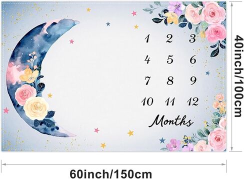 Flower Moon Baby Monthly Milestone Blanket Watercolor Flower Star Print Newborn Growth Record Photo Shoot Background Prop Blanket, 60"x40" with Frame in Kuwait