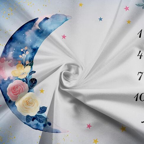 Flower Moon Baby Monthly Milestone Blanket Watercolor Flower Star Print Newborn Growth Record Photo Shoot Background Prop Blanket, 60"x40" with Frame in Kuwait