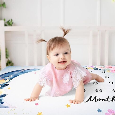 Flower Moon Baby Monthly Milestone Blanket Watercolor Flower Star Print Newborn Growth Record Photo Shoot Background Prop Blanket, 60"x40" with Frame in Kuwait