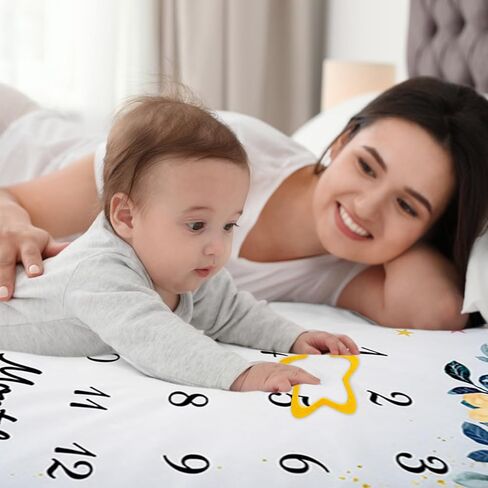 Flower Moon Baby Monthly Milestone Blanket Watercolor Flower Star Print Newborn Growth Record Photo Shoot Background Prop Blanket, 60"x40" with Frame in Kuwait