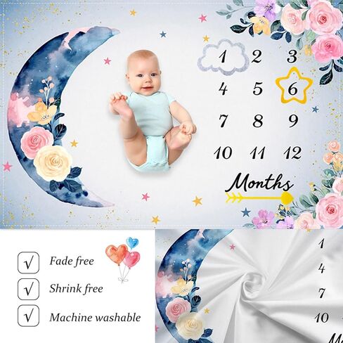 Flower Moon Baby Monthly Milestone Blanket Watercolor Flower Star Print Newborn Growth Record Photo Shoot Background Prop Blanket, 60"x40" with Frame in Kuwait