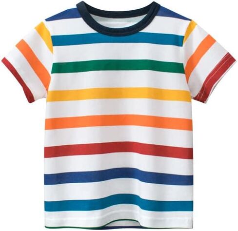 Toddler Girls Boys' Short Sleeve Rainbow Stripe Crew Neck T-Shirt Kids Plain Cotton Classic Summer Casual Tees in Kuwait