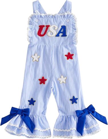 Baby Girl Fourth 4th of July Jumpsuits Toddler Patriotic Independence Day Outfits Memorial Bell Bottom Overall in Kuwait