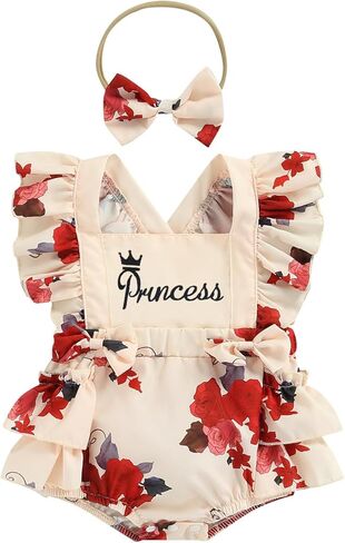 Newborn Baby Girl Summer Clothes Flower Print Ruffle Romper Infant Jumpsuit with Headband in Kuwait