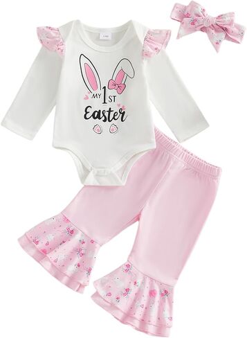 Amnnchya My First Easter Baby Girl Outfit Rabbit Print Fly Sleeve Romper Egg Layered Bell Bottoms Newborn Bunny Clothes in Saudi Arabia