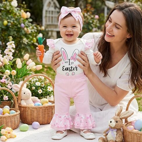Amnnchya My First Easter Baby Girl Outfit Rabbit Print Fly Sleeve Romper Egg Layered Bell Bottoms Newborn Bunny Clothes in Saudi Arabia