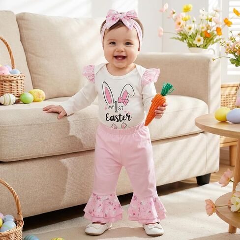 Amnnchya My First Easter Baby Girl Outfit Rabbit Print Fly Sleeve Romper Egg Layered Bell Bottoms Newborn Bunny Clothes in Saudi Arabia