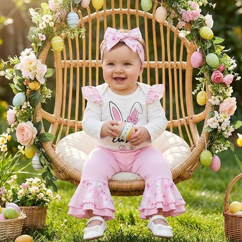Amnnchya My First Easter Baby Girl Outfit Rabbit Print Fly Sleeve Romper Egg Layered Bell Bottoms Newborn Bunny Clothes in Saudi Arabia