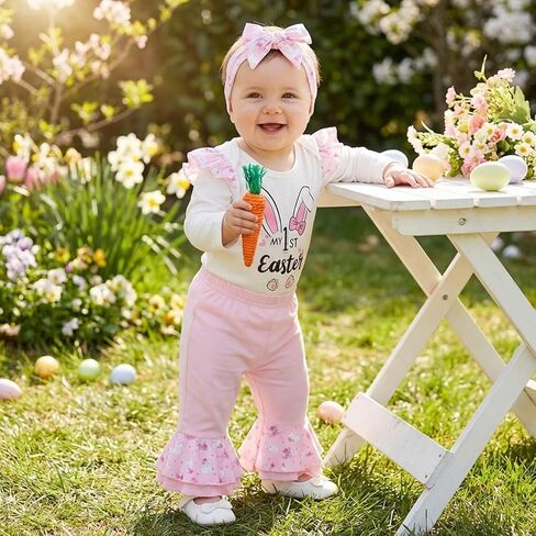 Amnnchya My First Easter Baby Girl Outfit Rabbit Print Fly Sleeve Romper Egg Layered Bell Bottoms Newborn Bunny Clothes in Saudi Arabia