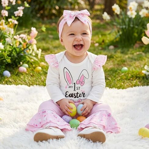 Amnnchya My First Easter Baby Girl Outfit Rabbit Print Fly Sleeve Romper Egg Layered Bell Bottoms Newborn Bunny Clothes in Saudi Arabia