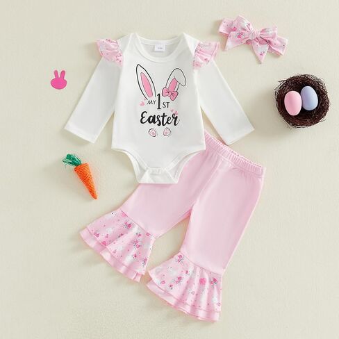 Amnnchya My First Easter Baby Girl Outfit Rabbit Print Fly Sleeve Romper Egg Layered Bell Bottoms Newborn Bunny Clothes in Saudi Arabia