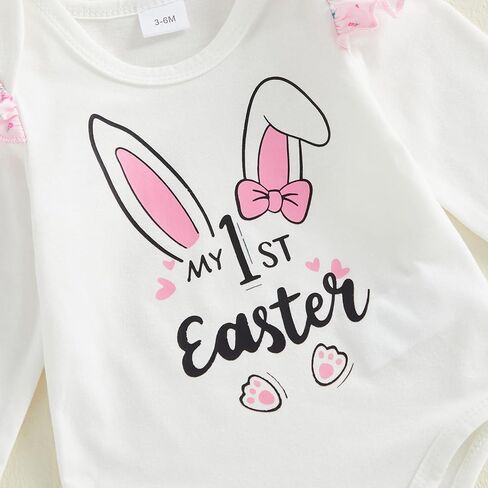 Amnnchya My First Easter Baby Girl Outfit Rabbit Print Fly Sleeve Romper Egg Layered Bell Bottoms Newborn Bunny Clothes in Saudi Arabia