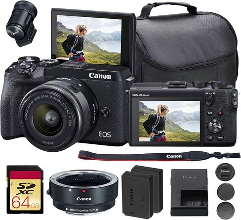 كاميرا Canon EOS M6 Mark II بدون مرآة مع عدسة مقاس 15-45 مم وحزمة معين المنظر الإلكتروني (أسود) | مستشعر APS-C بدقة 32.5 ميجابكسل، والتركيز البؤري التلقائي CMOS ثنائي البكسل، وفيديو بدقة 4K وسرعة عالية | للسفر والمحتوى (3611C011) + محول EF-M + المزيد in Kuwait