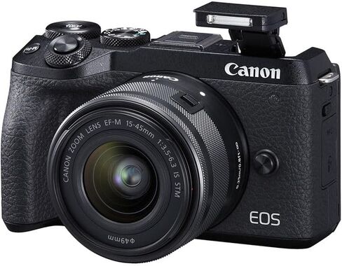 كاميرا Canon EOS M6 Mark II بدون مرآة مع عدسة مقاس 15-45 مم وحزمة معين المنظر الإلكتروني (أسود) | مستشعر APS-C بدقة 32.5 ميجابكسل، والتركيز البؤري التلقائي CMOS ثنائي البكسل، وفيديو بدقة 4K وسرعة عالية | للسفر والمحتوى (3611C011) + محول EF-M + المزيد in Kuwait