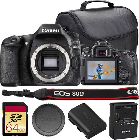 حزمة كاميرا Canon EOS 80D DSLR | مستشعر APS-C بدقة 24.2 ميجابكسل، والتركيز البؤري التلقائي CMOS ثنائي البكسل، ومعالج DIGIC 6 وشاشة لمس متغيرة الزاوية | رائع للفيديو ومدونات الفيديو (1263C004) + بطاقة سعة 64 جيجابايت + حقيبة كاميرا in Kuwait