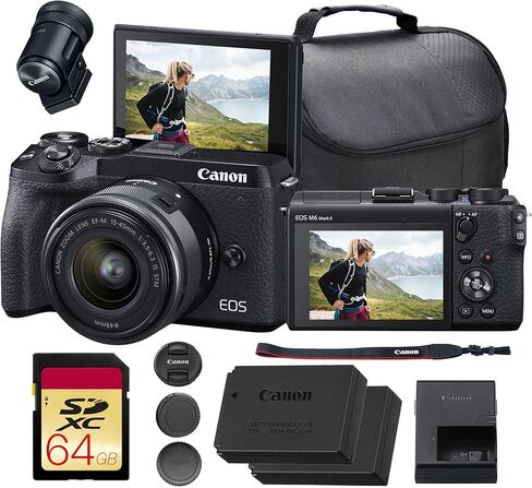 Canon EOS M6 Mark II Mirrorless Camera with 15-45mm Lens & EVF (Black) Bundle | 32.5MP APS-C Sensor, Dual Pixel CMOS AF, 4K Video & High-Speed | for Travel & Content (3611C011) + 64GB Card + More in Kuwait