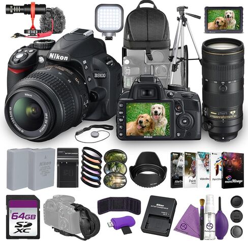 كاميرا Nikon D3100 الرقمية DSLR مع مجموعة عدسات VR مقاس 18-55 مم مع عدسة NIKKOR AF-S مقاس 70-200 مم f/2.8E FL ED VR + شاشة عالية الدقة + ميكروفون مثبت على الكاميرا + حامل ثلاثي القوائم + مجموعة مرشح + حقيبة ظهر + المزيد in Kuwait
