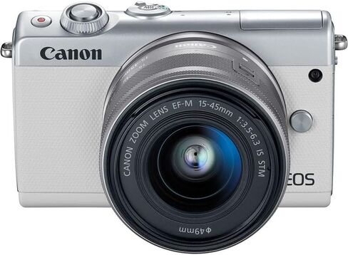 كاميرا كانون EOS M100 بدون مرآة مع عدسة 15-45 ملم (أبيض) | مستشعر APS-C بدقة 24.2 ميجابكسل، Dual Pixel CMOS AF، واي فاي وبلوتوث | رائعة للاستخدام في السفر والصور المبتدئة (2210C011) + بطاقة سعة 64 جيجابايت + حقيبة + بطارية in Kuwait
