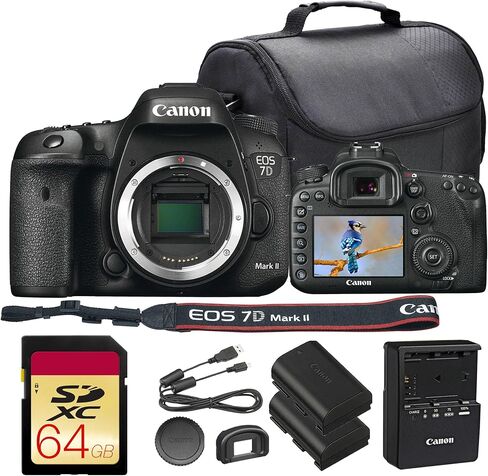 حزمة كاميرا Canon EOS 7D Mark II DSLR | مستشعر APS-C بدقة 20.2 ميجابكسل، وكاميرا DIGIC 6 مزدوجة، والتركيز البؤري التلقائي من النوع المتقاطع 65 نقطة، والتصوير المستمر بمعدل 10 إطارات في الثانية | للرياضة والحياة البرية (9128B002) + بطاقة 64 جيجابايت + حقيب in Kuwait