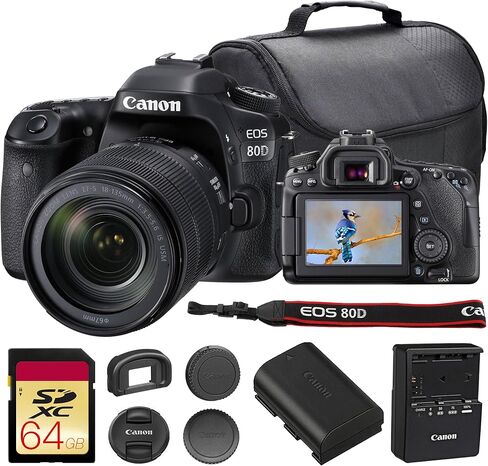 كاميرا Canon EOS 80D DSLR مع مجموعة عدسات 18-135 ملم | مستشعر APS-C بدقة 24.2 ميجابكسل، والتركيز البؤري التلقائي CMOS ثنائي البكسل، وDIGIC 6، ونطاق تكبير متعدد الاستخدامات | رائعة للسفر والفيديو (1263C006) + بطاقة سعة 64 جيجابايت + حقيبة كاميرا in Kuwait