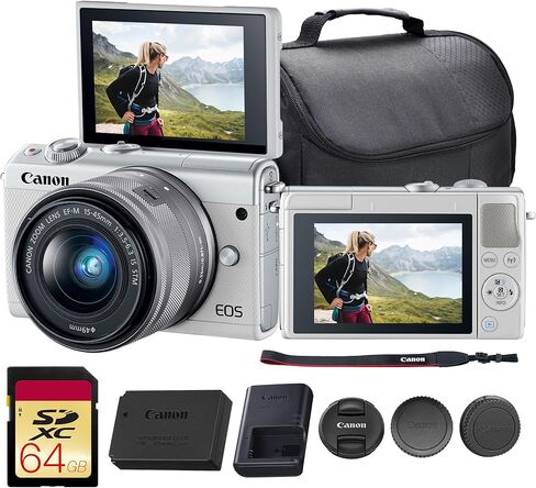 Canon EOS M100 Mirrorless Camera with 15-45mm Lens (White) | 24.2MP APS-C Sensor, Dual Pixel CMOS AF, Wi-Fi & Bluetooth | Great for Travel & Beginner Photos (2210C011) + 64GB Card + Camera Bag in Kuwait