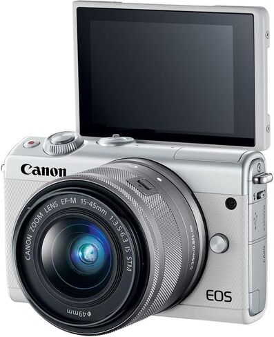 Canon EOS M100 Mirrorless Camera with 15-45mm Lens (White) | 24.2MP APS-C Sensor, Dual Pixel CMOS AF, Wi-Fi & Bluetooth | Great for Travel & Beginner Photos (2210C011) + 64GB Card + Camera Bag in Kuwait