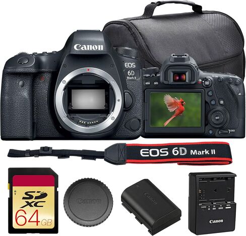 Canon EOS 6D Mark II DSLR Camera Bundle | 26.2MP Full-Frame Sensor, Dual Pixel CMOS AF, Vari-Angle Touchscreen & Full HD Video | Great for Portraits & Travel (1897C002) + 64GB Card + Camera Bag in Kuwait