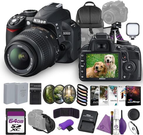 Nikon D3100 DSLR Camera with 18-55mm Lens Bundle with Replacement Battery + Twin Charger + Cleaning Kit + Flexible Tripod + Filter Kit + Filter kit + 64GB Memory Card + Backpack in Kuwait