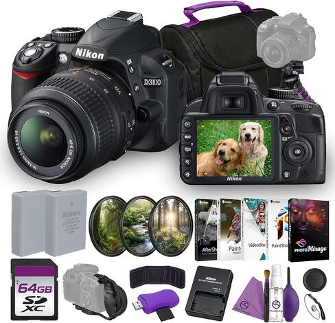 Nikon D3100 Digital SLR Camera 18-55mm NIKKOR VR Lens Kit Bundle with Replacement Battery + Camera Bag + Cleaning Kit + Flexible Tripod + Filter kit + 64GB Memory Card + More in Kuwait