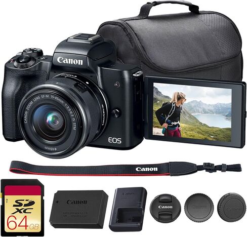 Canon EOS M50 Mirrorless Camera with 15-45mm Lens (Black) | 24.1MP APS-C Sensor, Dual Pixel CMOS AF, 4K Video & Vari-Angle Touchscreen | Great for Vlogging & Content (2680C011) + 64GB Card + Bag in Kuwait