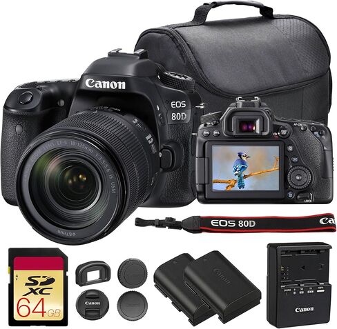 Canon EOS 80D DSLR Camera with 18-135mm Lens Bundle | 24.2MP APS-C Sensor, Dual Pixel CMOS AF, DIGIC 6 & Versatile Zoom Range | Great for Travel & Video (1263C006) + 64GB Card + Camera Bag + Battery in Kuwait
