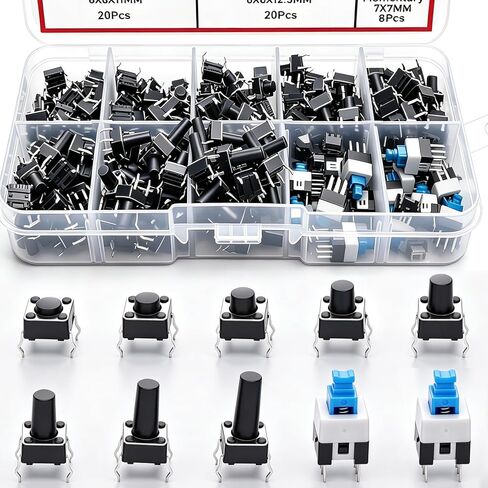 TWTADE 202Pcs Momentary Tactile Tact Switch 10 Values 4 Pins 6x6mm Micro Momentary Tact Push Button Switch Assortment Kit Includes 7X7mm Latching Tact Switch and Momentary Tact Switch QC-6X6MM in Saudi Arabia