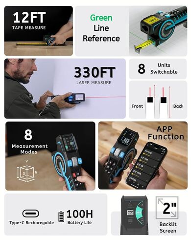 3-in-1 Digital Tape Measure, 330Ft Laser Measurement Tool & Auto Lock Tape with Instant Digital Readout, Extended Laser Line & Incremental Measurement, Replaceable Tape | Swappable Battery | APP Sync in Saudi Arabia
