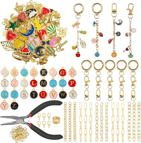 Aucscott 263Pcs Keychain Making Kit with Charms, Lip Gloss Charms DIY Jewelry Craft Supplies - Clip Hooks, Jump Rings, Lobster Clasps, Letter Charms & Tools for Custom Keychains, Bags, Gifts in Saudi Arabia