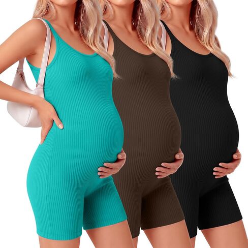 3 Pack Women's Maternity Ribbed Rompers Pregnancy Camis Shorts Sleeveless Tanks Spaghetti Strap Bodysuit Jumpsuit in Saudi Arabia