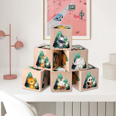 6 Pcs Safari Animals Nursery Decor for Girls & Boys, Wooden Blocks Shelf Decor for Baby Nursery Room Kids Bedroomm in Saudi Arabia