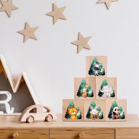 6 Pcs Safari Animals Nursery Decor for Girls & Boys, Wooden Blocks Shelf Decor for Baby Nursery Room Kids Bedroomm in Saudi Arabia