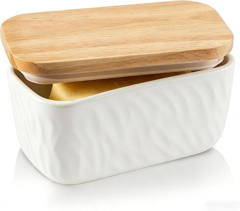 KOOV Porcelain Large Butter Dish with Lid for Countertop, Airtight Butter Container with Oak Lid, Butter Crock, Perfect for 2 Sticks of Butter, Texture Series (Dark Blue) in Saudi Arabia