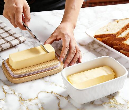 KOOV Porcelain Large Butter Dish with Lid for Countertop, Airtight Butter Container with Oak Lid, Butter Crock, Perfect for 2 Sticks of Butter, Texture Series (Dark Blue) in Saudi Arabia