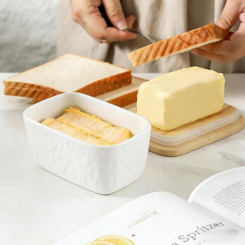 KOOV Porcelain Large Butter Dish with Lid for Countertop, Airtight Butter Container with Oak Lid, Butter Crock, Perfect for 2 Sticks of Butter, Texture Series (Dark Blue) in Saudi Arabia