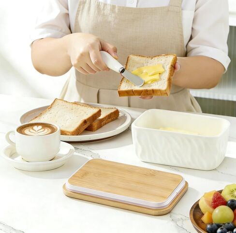 KOOV Porcelain Large Butter Dish with Lid for Countertop, Airtight Butter Container with Oak Lid, Butter Crock, Perfect for 2 Sticks of Butter, Texture Series (Dark Blue) in Saudi Arabia