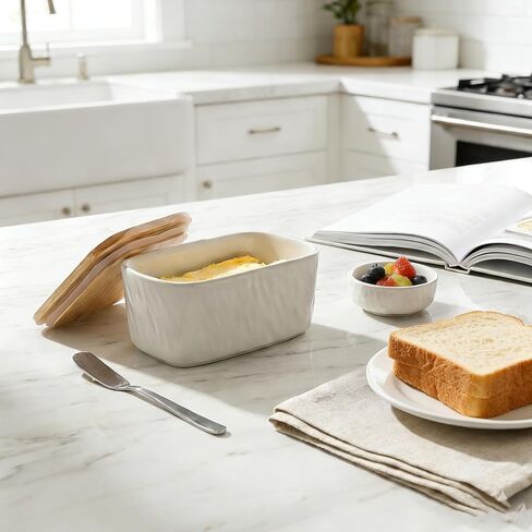 KOOV Porcelain Large Butter Dish with Lid for Countertop, Airtight Butter Container with Oak Lid, Butter Crock, Perfect for 2 Sticks of Butter, Texture Series (Dark Blue) in Saudi Arabia