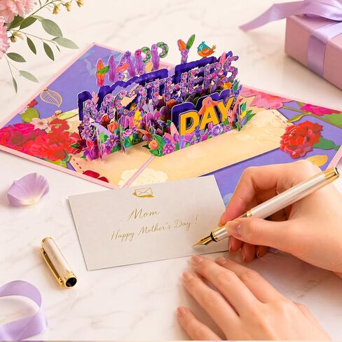 البطاقة المنبثقة في عيد الأم ، بطاقة عيد الأم السعيدة مع زهور حديقة الزهور الزهور الزهور الورود ديزي بيرد ، بطاقة تهنئة أنيقة لزوجة الأم زوجة زوجة الجدة أخت العمة in Kuwait