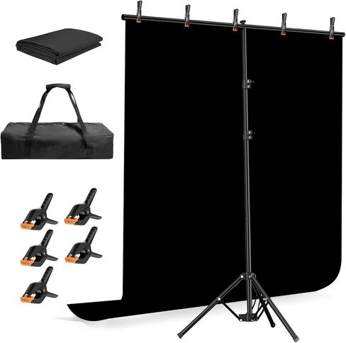 EMART Black Photo Backdrop with Stand Kit 6.5x5ft, Photography Black Background Screen with Portable T-Shape Support and 5 Clamps for Video Recording, Meetings, Self Tape in Saudi Arabia