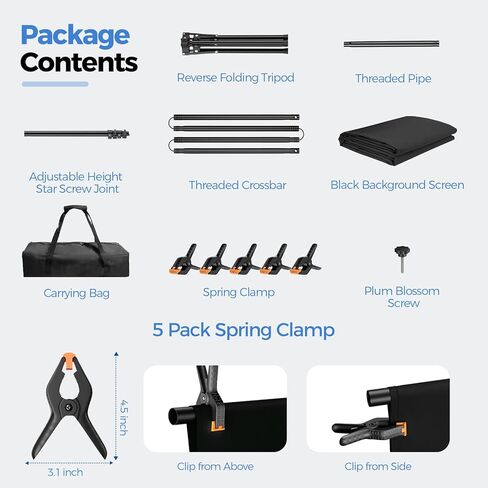 EMART Black Photo Backdrop with Stand Kit 6.5x5ft, Photography Black Background Screen with Portable T-Shape Support and 5 Clamps for Video Recording, Meetings, Self Tape in Saudi Arabia