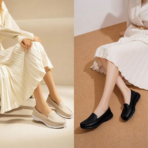 Women's Leather Loafers, Breathable Perforated Slip-On Casual Walking Shoes with Arch Support, Lightweight Comfort Soft-Sole Flats for Teahers Nurses and All-Day Standing in Saudi Arabia