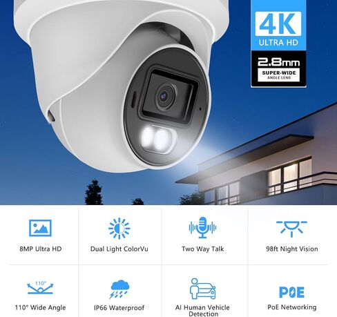 كاميرا قبة أمنية بدقة 8 ميجابكسل 4K PoE IP خارجية، كاميرا IP برجية بالألوان الكاملة مع إضاءة مزدوجة ذكية، محادثة ثنائية الاتجاه، فتحة بطاقة SD، رؤية ليلية 98 قدمًا، زاوية واسعة 110 درجة، اكتشاف الإنسان/المركبة in Kuwait