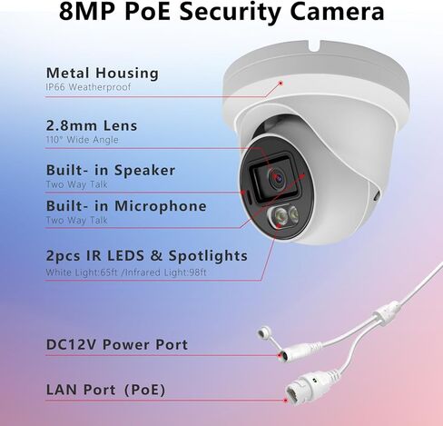 كاميرا قبة أمنية بدقة 8 ميجابكسل 4K PoE IP خارجية، كاميرا IP برجية بالألوان الكاملة مع إضاءة مزدوجة ذكية، محادثة ثنائية الاتجاه، فتحة بطاقة SD، رؤية ليلية 98 قدمًا، زاوية واسعة 110 درجة، اكتشاف الإنسان/المركبة in Kuwait